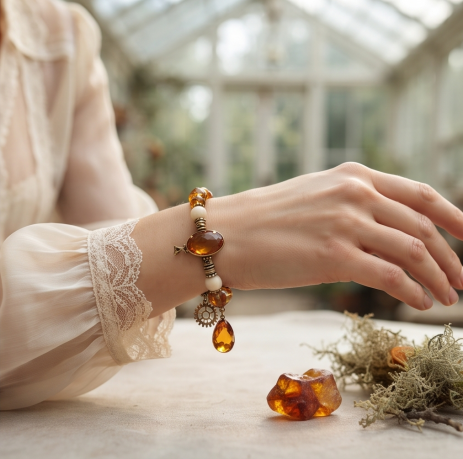 Amber Steampunk Gear Beaded Bracelet
