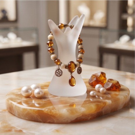 Amber Steampunk Gear Beaded Bracelet