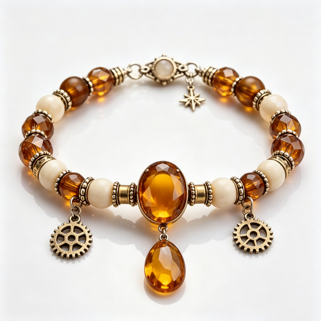 Amber Steampunk Gear Beaded Bracelet