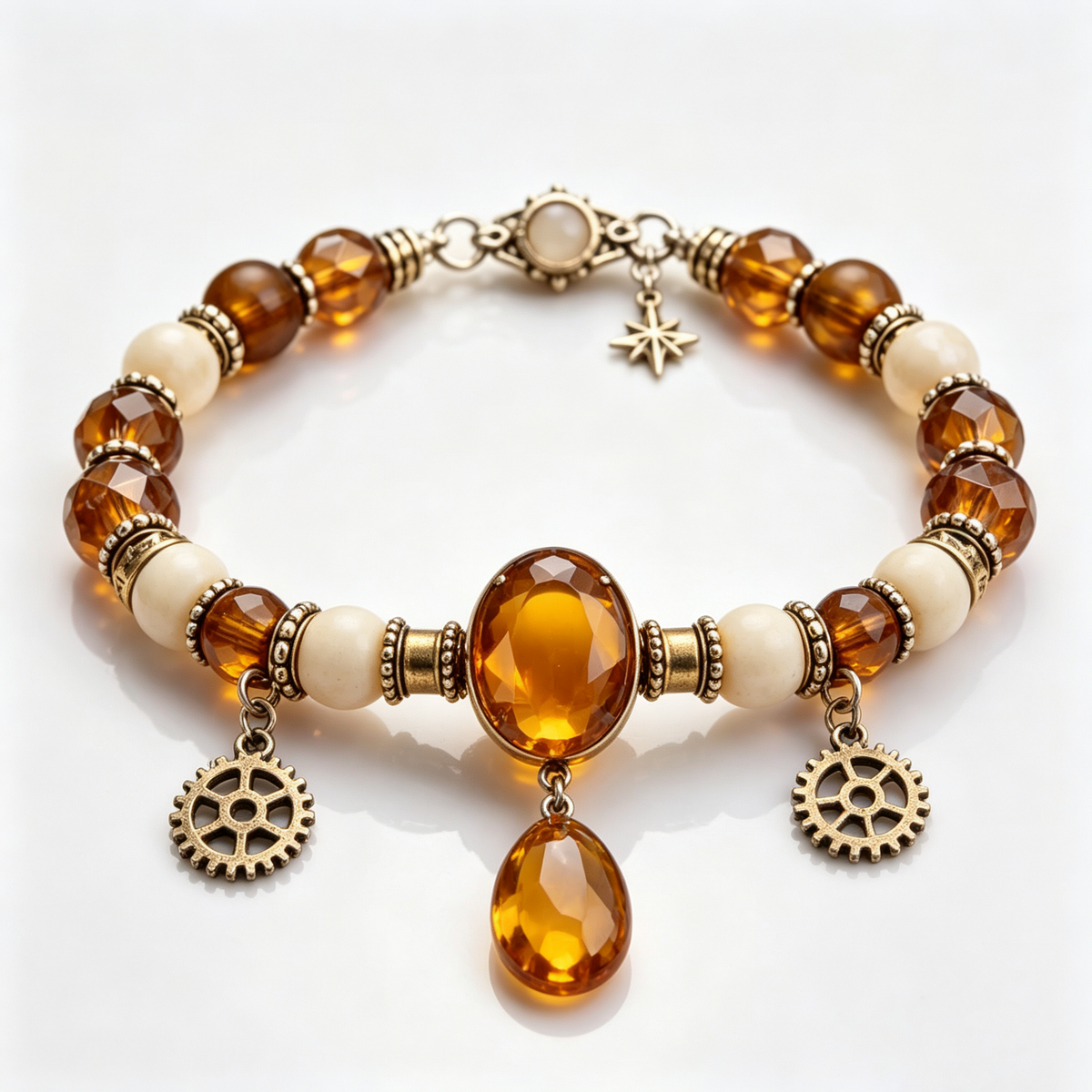 Amber Steampunk Gear Beaded Bracelet