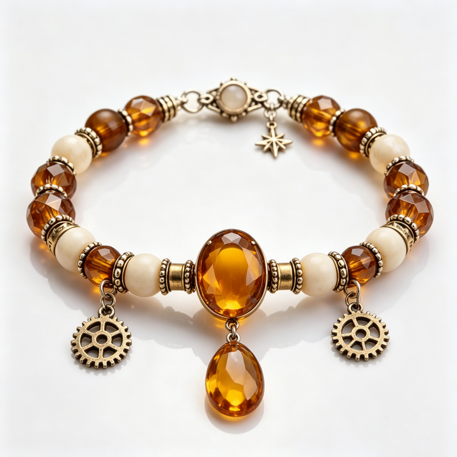 Amber Steampunk Gear Beaded Bracelet