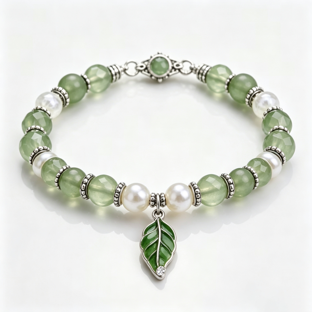 Jade Leaf Charm Beaded Bracelet