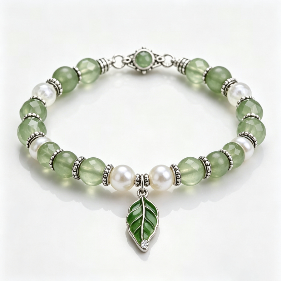 Jade Leaf Charm Beaded Bracelet