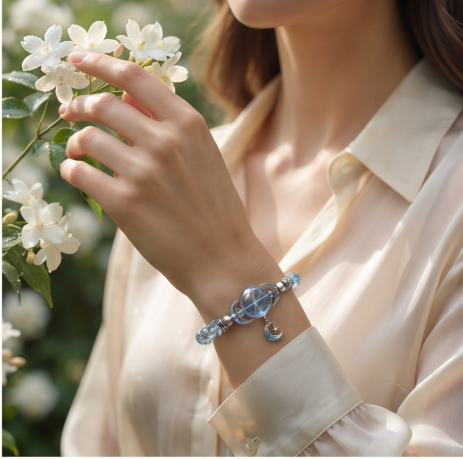 Celestial Moon Blue Crystal Beaded Bracelet