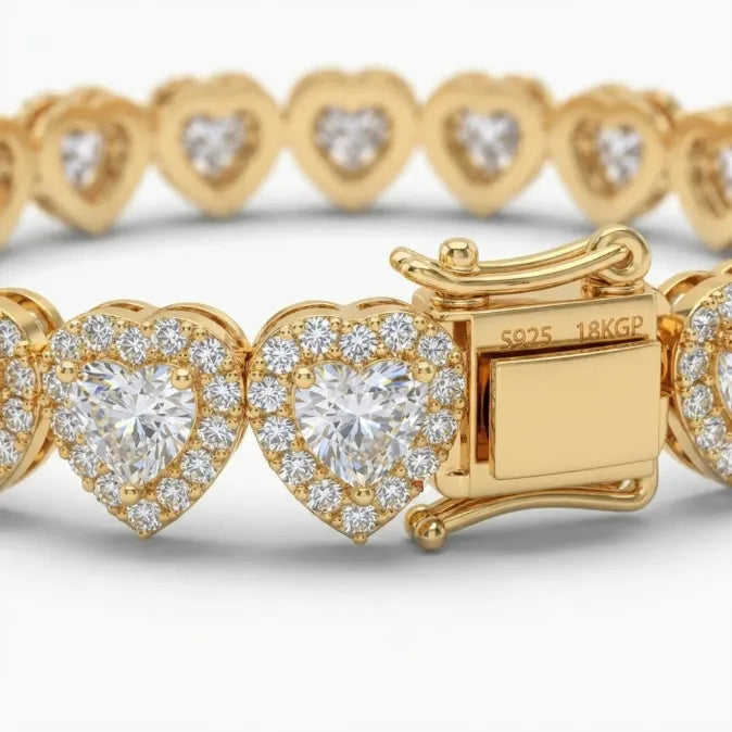 Heart Cut Moissanite Halo Tennis Bracelet for Women – D Color VVS1 Diamond Sparkle, S925 Sterling Silver 18K Gold Plated