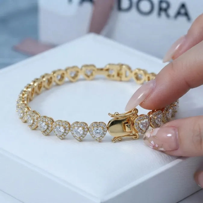 Heart Cut Moissanite Halo Tennis Bracelet for Women – D Color VVS1 Diamond Sparkle, S925 Sterling Silver 18K Gold Plated
