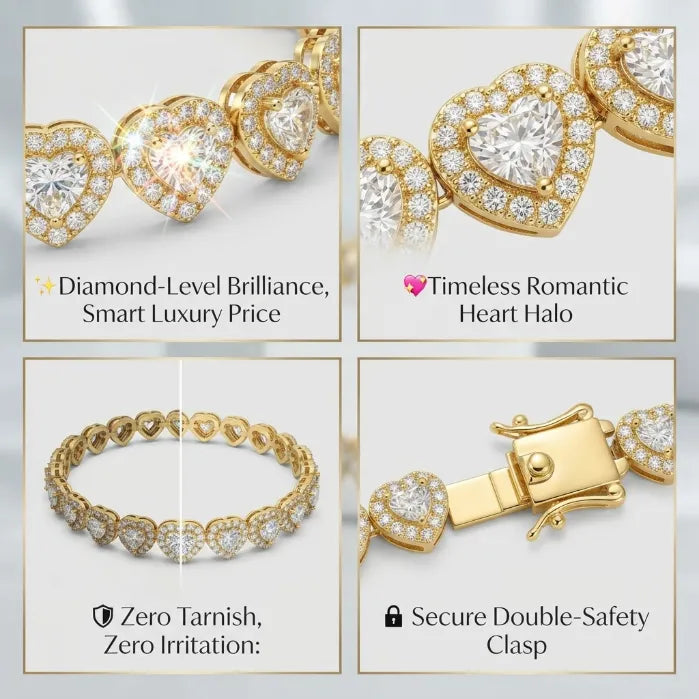 Heart Cut Moissanite Halo Tennis Bracelet for Women – D Color VVS1 Diamond Sparkle, S925 Sterling Silver 18K Gold Plated