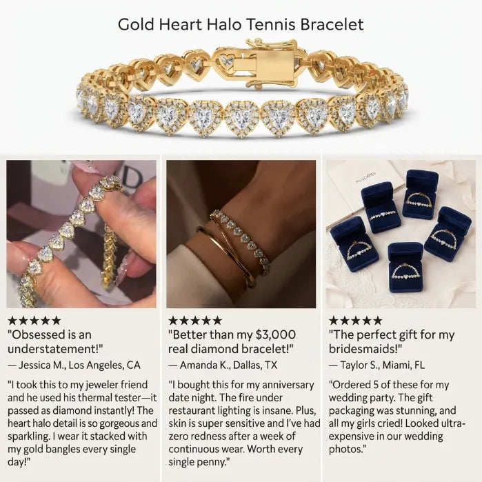 Heart Cut Moissanite Halo Tennis Bracelet for Women – D Color VVS1 Diamond Sparkle, S925 Sterling Silver 18K Gold Plated